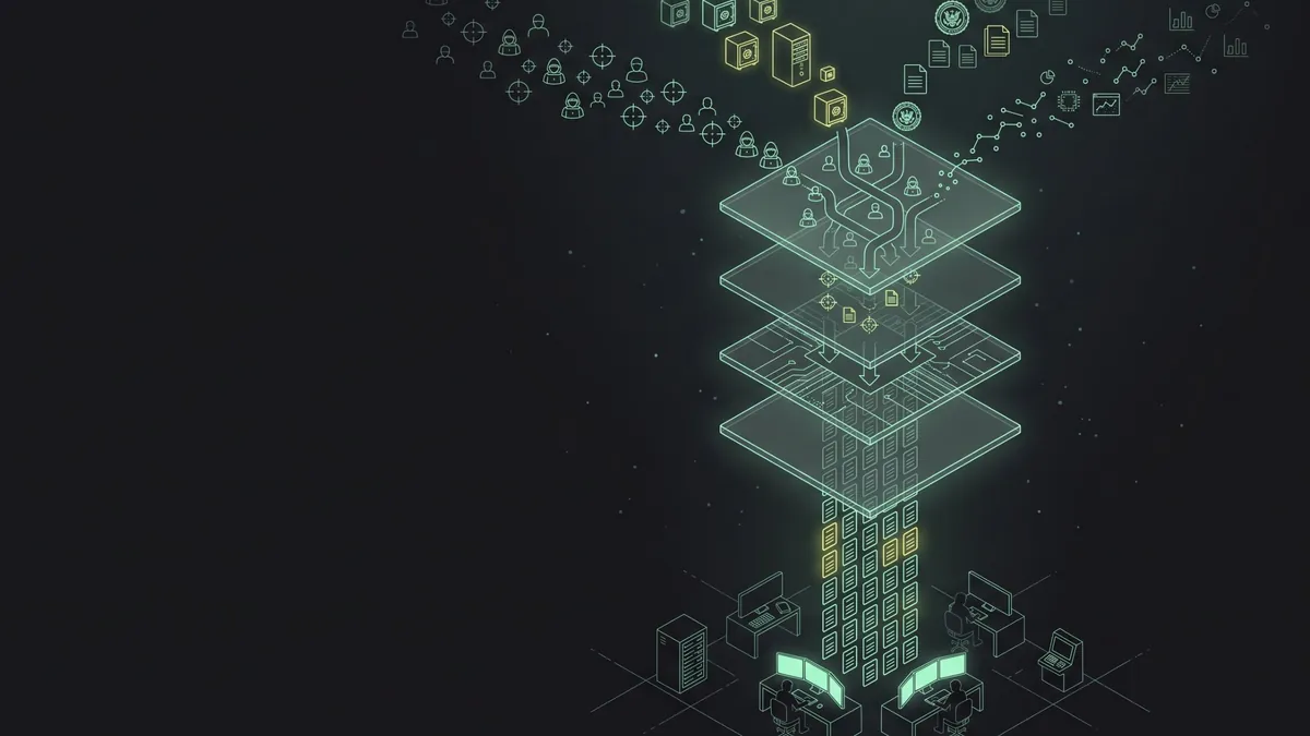 Four streams of light — threats, business assets, regulations and operational data — converge through four stacked translucent layers into a single calibrated set of detection rules above a security operations floor.