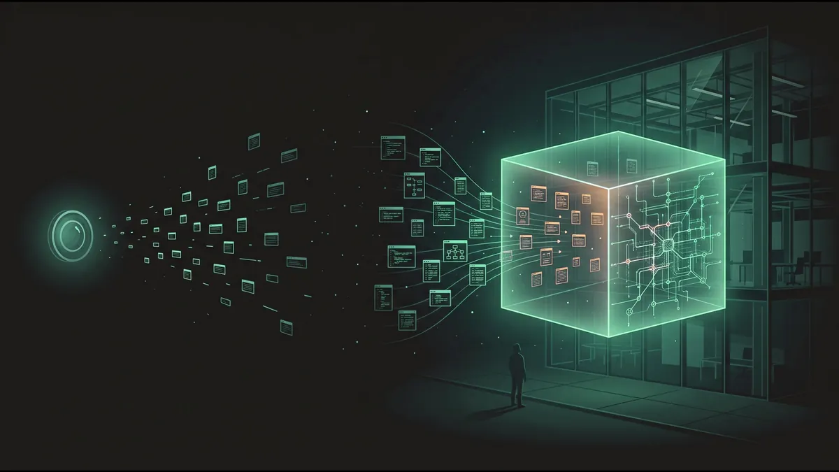 Thin, scattered search-query cards drift toward a distant lens, while code, tickets and diagrams flow into one glowing AI cube outside a glass office building, where they merge into a complete map of its network.