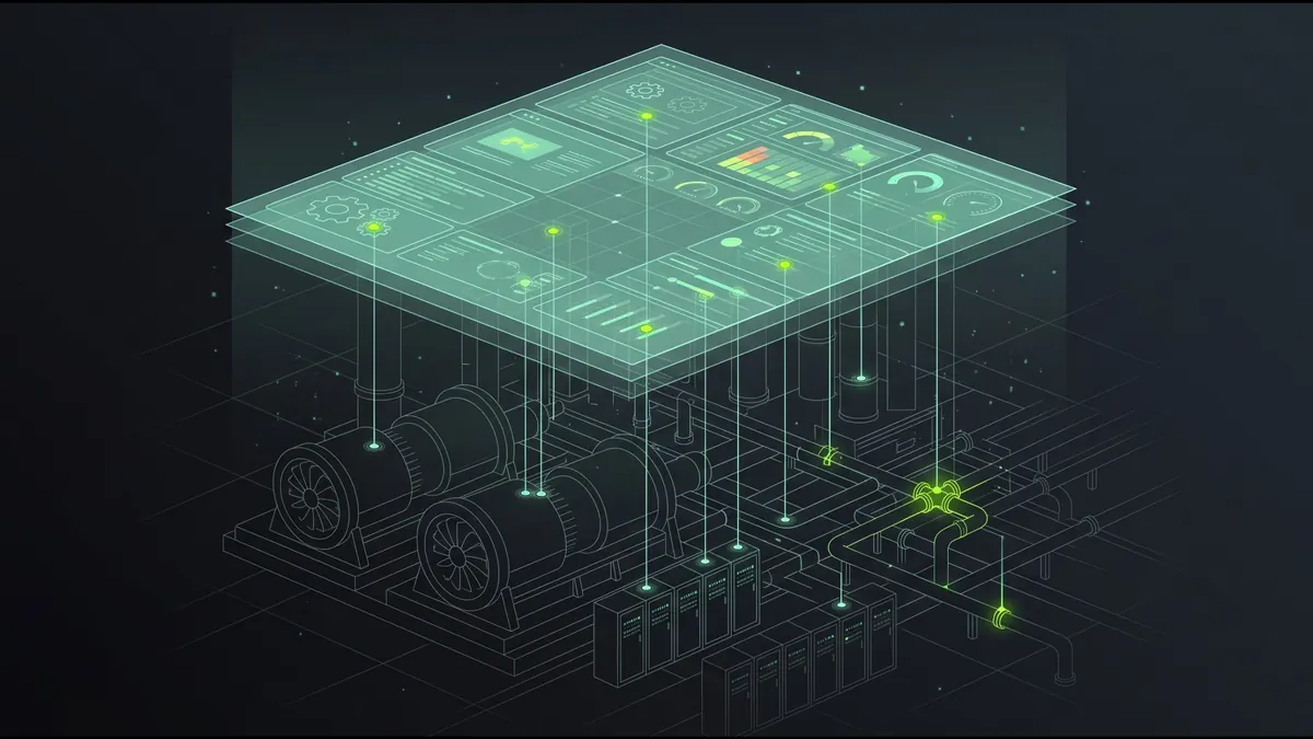 Illustration eines Monitoring-Dashboards über Pumpen, Rohrleitungen und Schaltschränken einer Industrieanlage