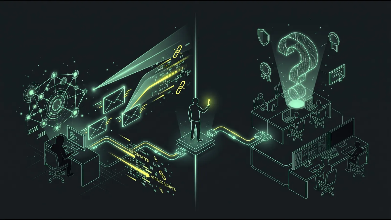 Illustration: links ein Angreifer, der Phishing mit KI automatisiert, rechts ein Security-Team unter einem großen Fragezeichen, in der Mitte eine Person mit dem Schlüssel