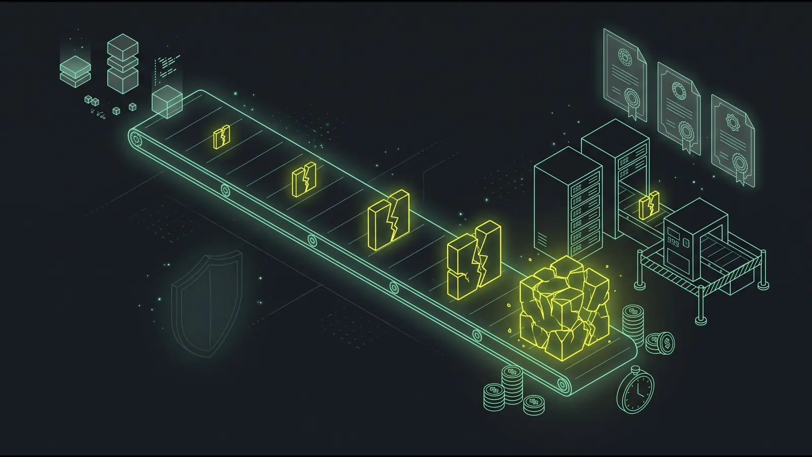 Illustration: eine Delivery-Pipeline, auf der aus einer kleinen Schwachstelle bis zur Produktion ein teurer, zerbrochener Block wird