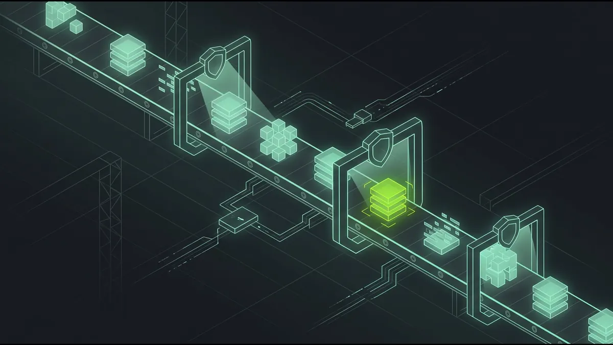 Illustration einer CI/CD-Pipeline mit Security-Gates, die jeden Build prüfen, bevor er weitergeht