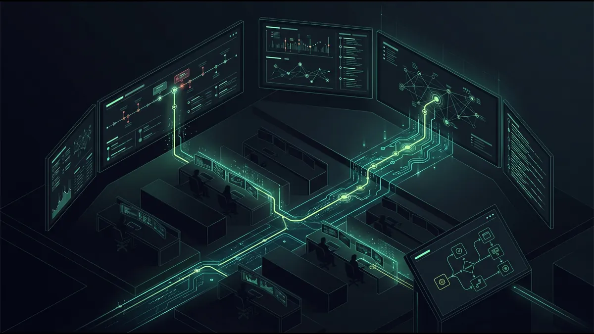 Illustration eines Security Operations Center: Analysten an Bildschirmen, Alarmströme münden in ein automatisiertes Response-Playbook